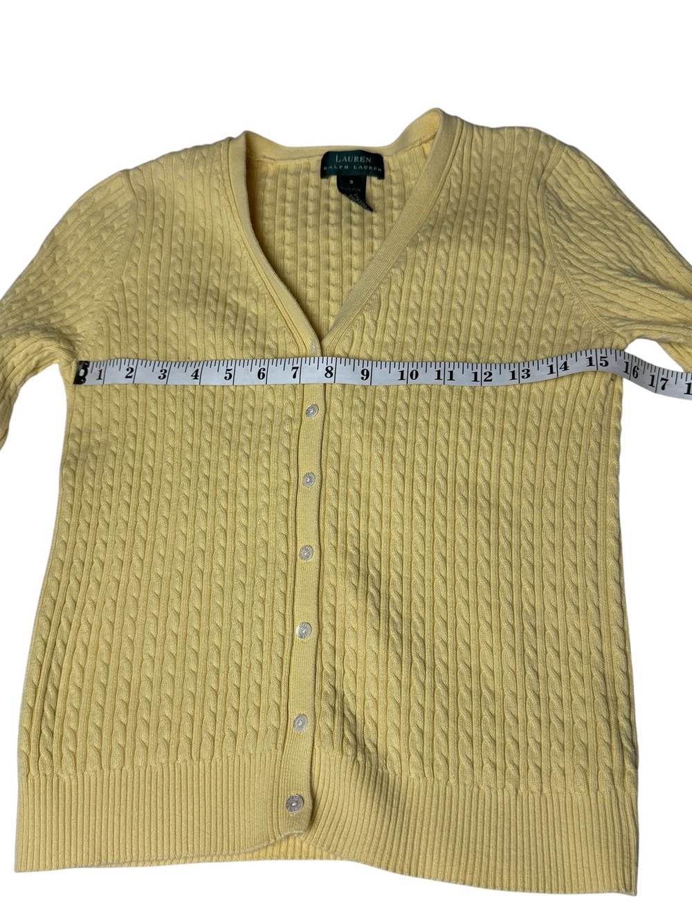 Lauren Ralph Lauren Yellow Cardigan Fisherman Cable Knit Sweater SZ S Preppy EUC - Picture 6 of 9